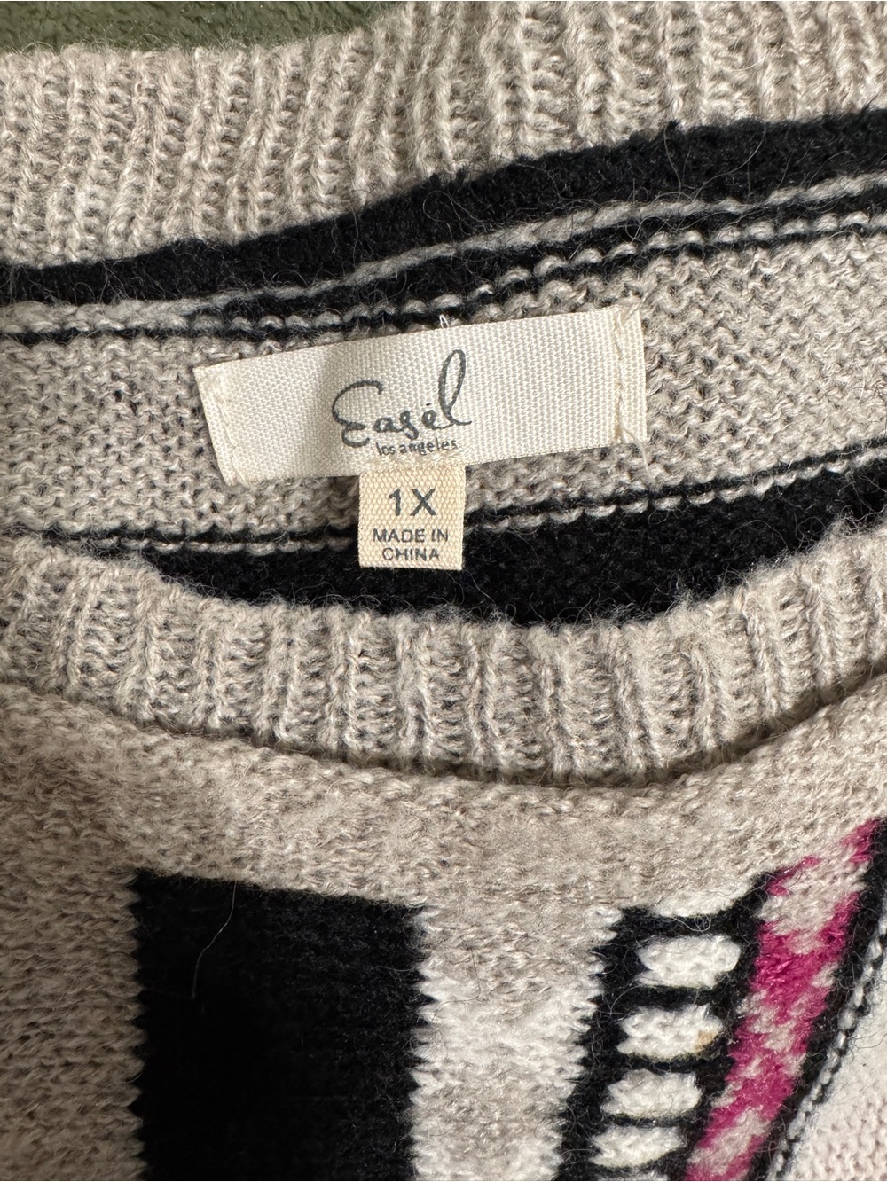 easel Cream & Black Crewneck Sweater with Pink Trim